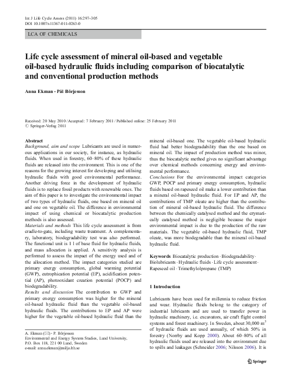 (PDF) Life cycle assessment of mineral oilbased and vegetable oil