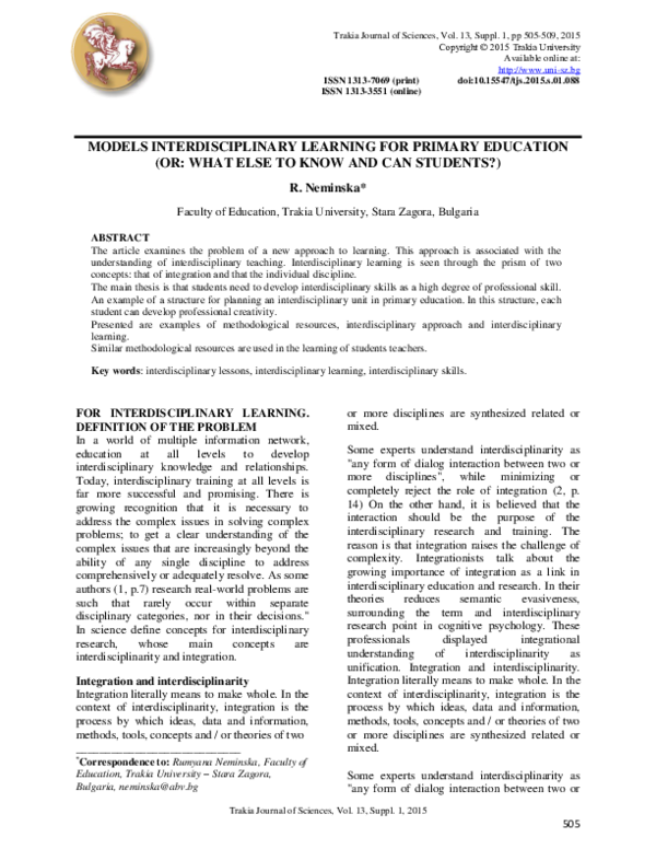 (PDF) Models interdisciplinary learning for primary education (or: What ...