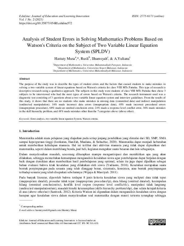 (PDF) Analysis of Student Errors in Solving Mathematics Problems Based ...
