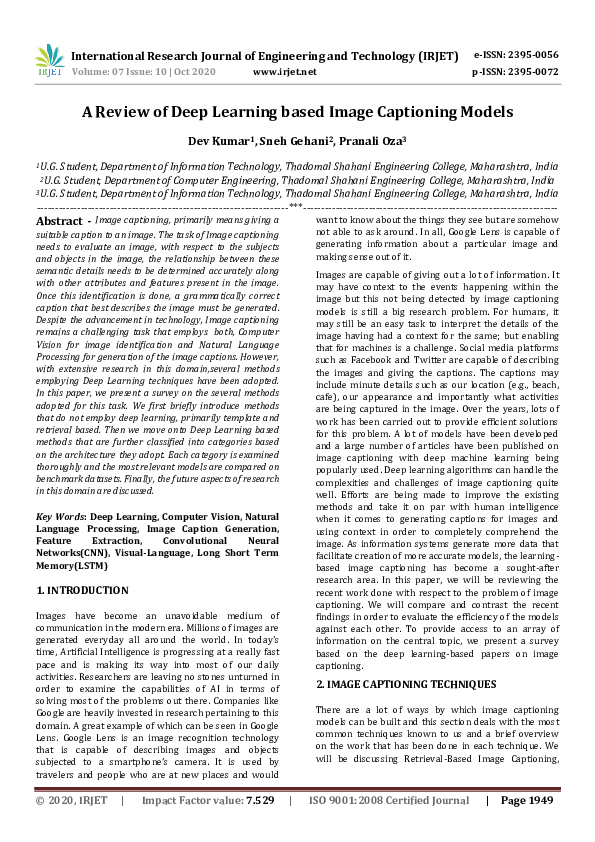 (PDF) A Review of Deep Learning based Image Captioning Models