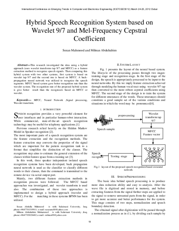 (PDF) Hybrid Speech Recognition System based on Wavelet 9 / 7 and Mel ...