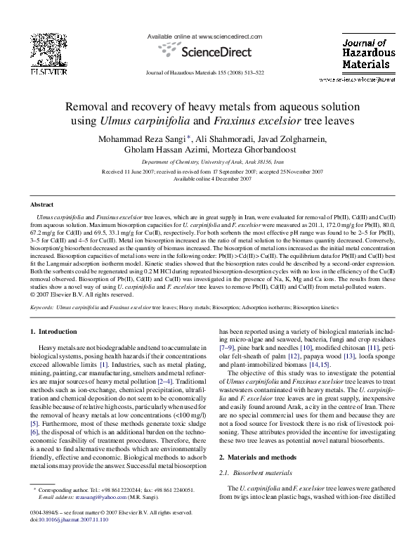 (PDF) Removal and recovery of heavy metals from aqueous solution using ...
