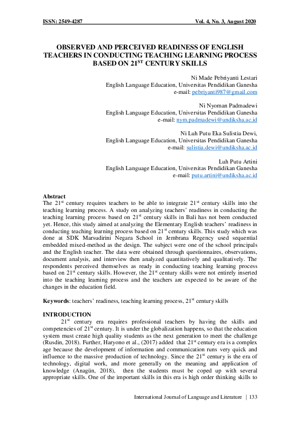 (PDF) Observed and Perceived Readiness of English Teachers in ...