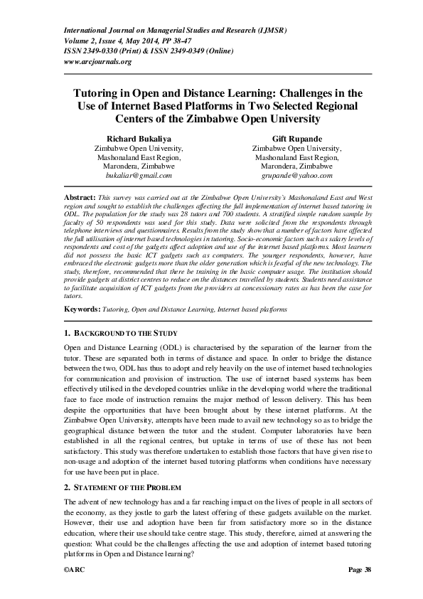 (PDF) Tutoring in Open and Distance Learning: Challenges in theUse of ...