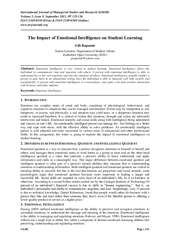 (PDF) The Impact of Emotional Intelligence on Student Learning