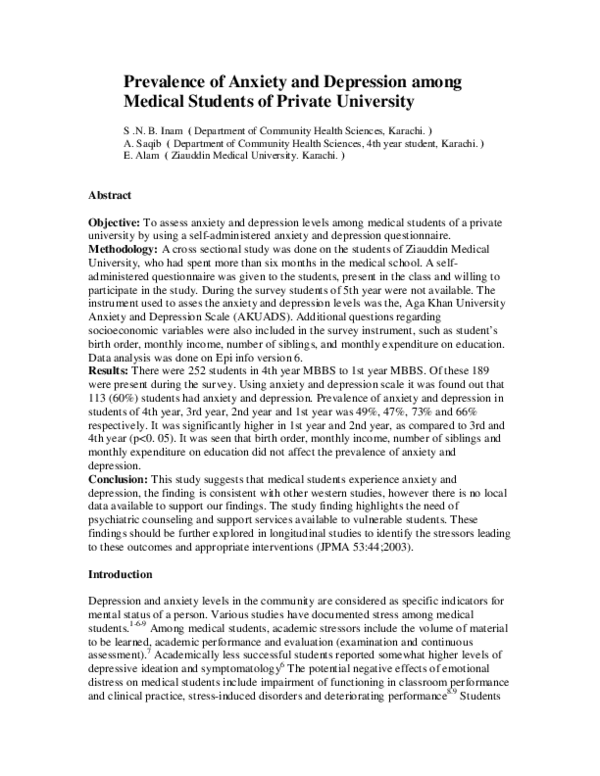 (PDF) Prevalence of anxiety and depression among medical students of ...