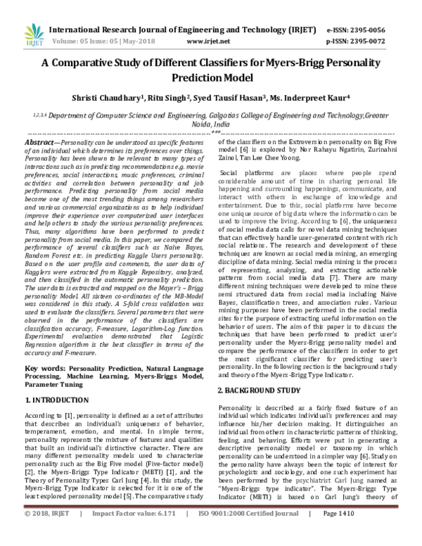 (PDF) A Comparative Study of Different Classifiers for Myers-Brigg ...