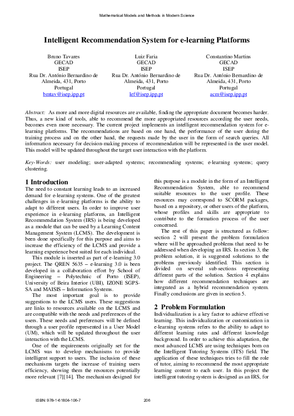 (PDF) Intelligent recommendation system for e-learning platforms
