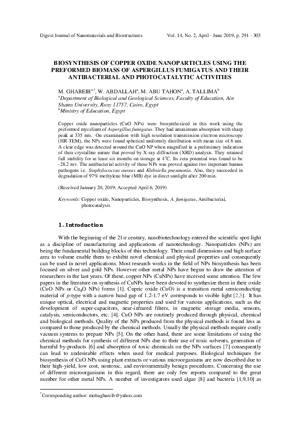 (PDF) Biosynthesis of Copper Oxide Nanoparticles Using the Preformed ...