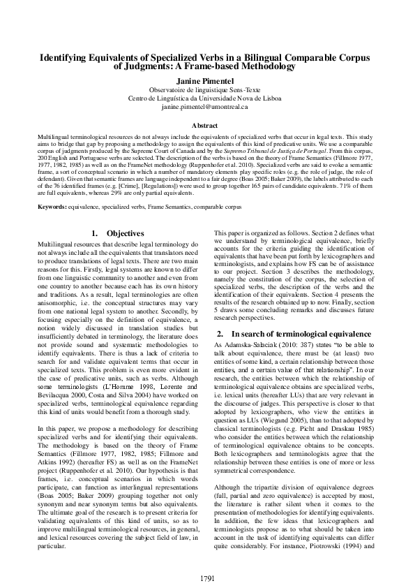 (PDF) Identifying equivalents of specialized verbs in a bilingual