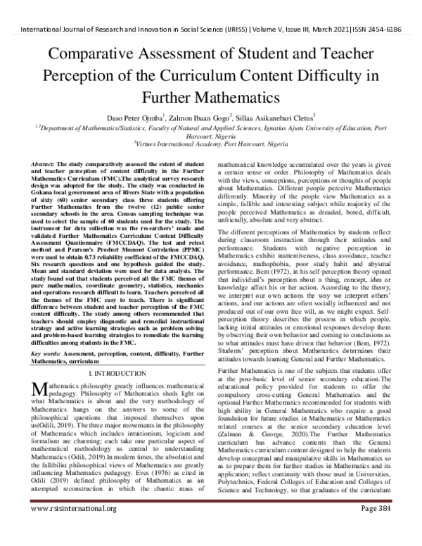 (PDF) Comparative Assessment of Student and Teacher Perception of the ...
