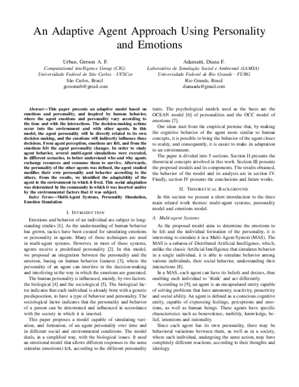 (PDF) An Adaptive Agent Approach Using Personality and Emotions
