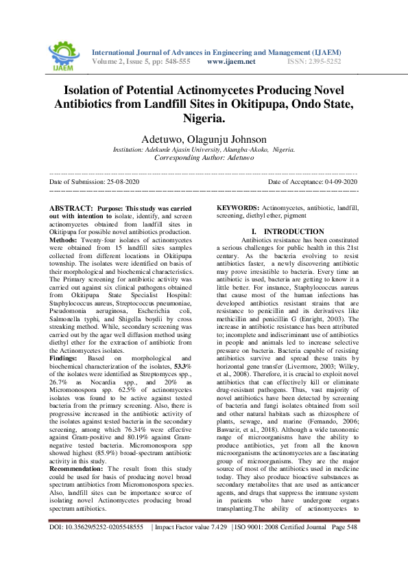 (PDF) Isolation of Potential Actinomycetes Producing Novel Antibiotics ...