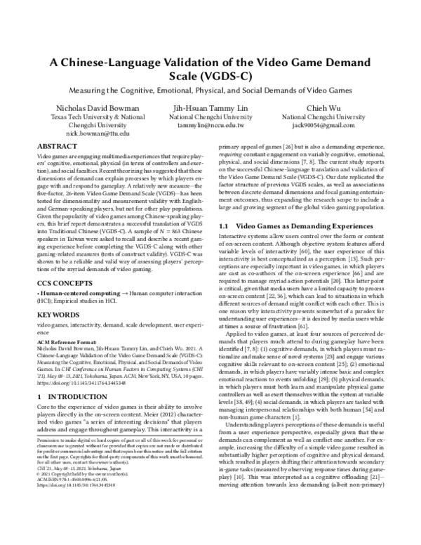 (PDF) A Chinese-Language Validation of the Video Game Demand Scale (VGDS-C)