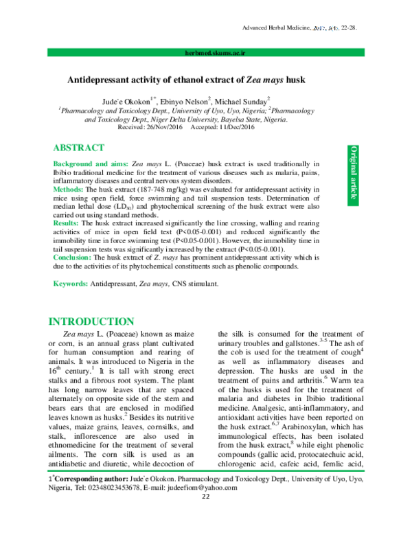 (PDF) Antidepressant activity of ethanol extract of Zea mays husk