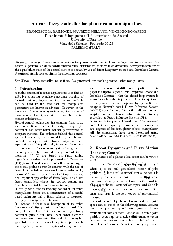 (PDF) A neuro fuzzy controller for planar robot manipulators