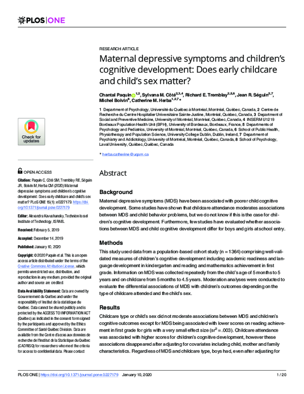 (PDF) Maternal depressive symptoms and children’s cognitive development ...