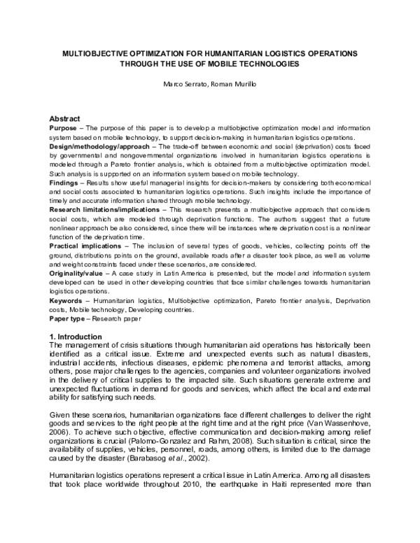 (PDF) Multi objective optimization for humanitarian logistics ...