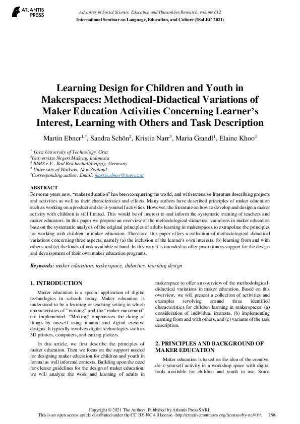 (PDF) Learning Design for Children and Youth in Makerspaces: Methodical ...