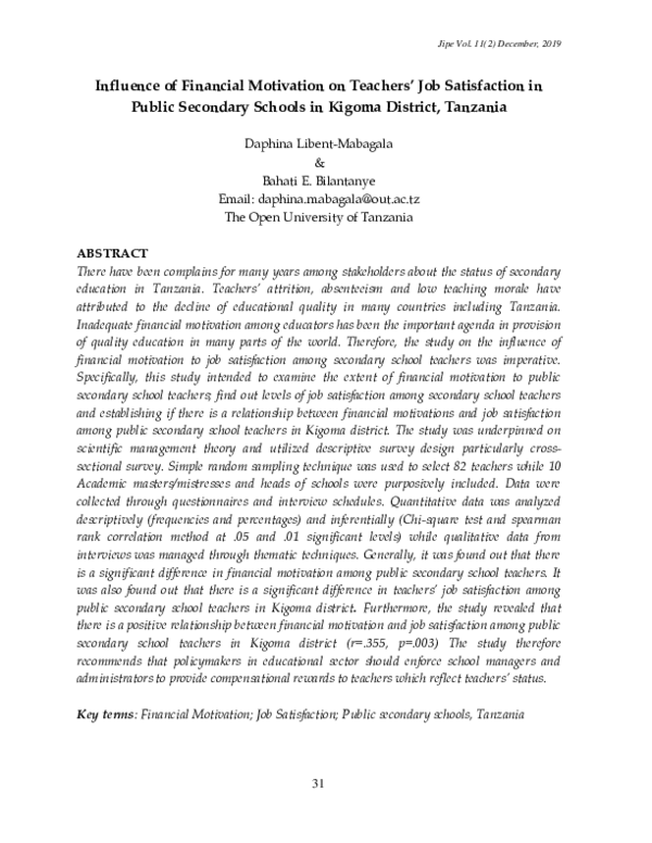 (PDF) Influence of Financial Motivation on Teachers’ Job Satisfaction ...