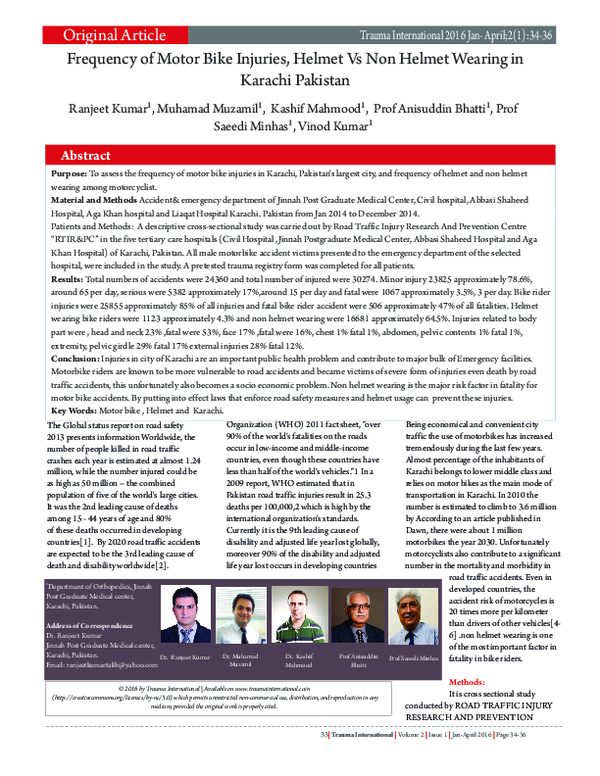 (PDF) Frequency of motor bike injuries, helmet vs non helmet wearing in