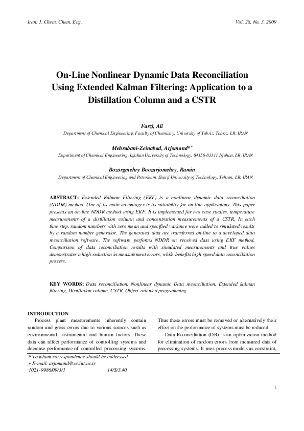 (PDF) On-Line Nonlinear Dynamic Data Reconciliation Using Extended ...