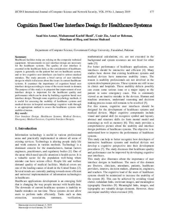 (PDF) Cognition Based User Interface Design for Healthcare Systems