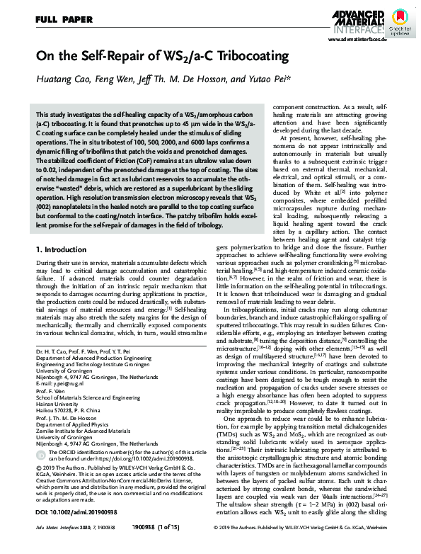 (PDF) On the Self‐Repair of WS 2 /a‐C Tribocoating