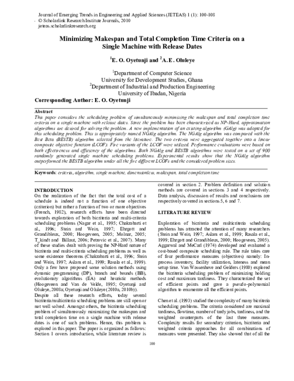 (PDF) Minimizing Makespan and Total Completion Time Criteria on a ...