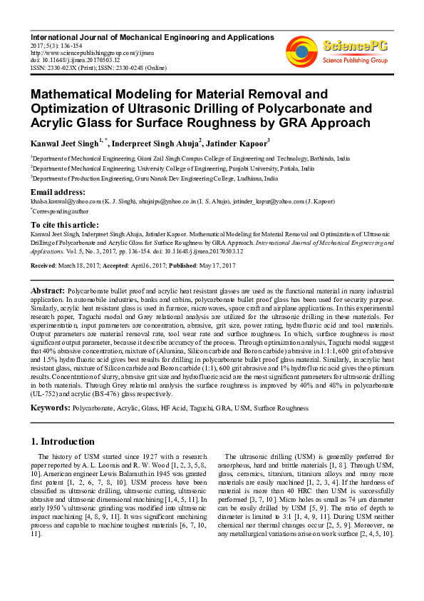 (PDF) Mathematical Modeling for Material Removal and Optimization of ...