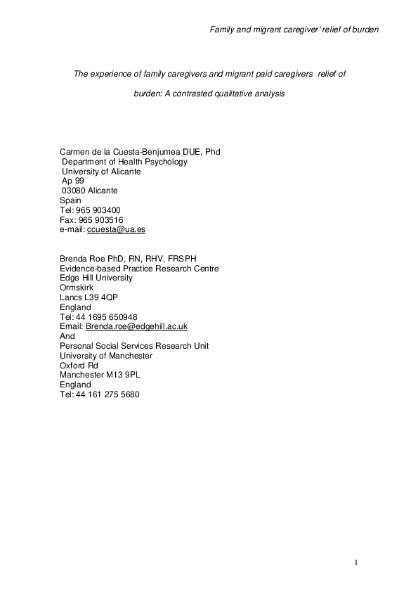 (PDF) The experience of family caregivers and migrant paid caregivers