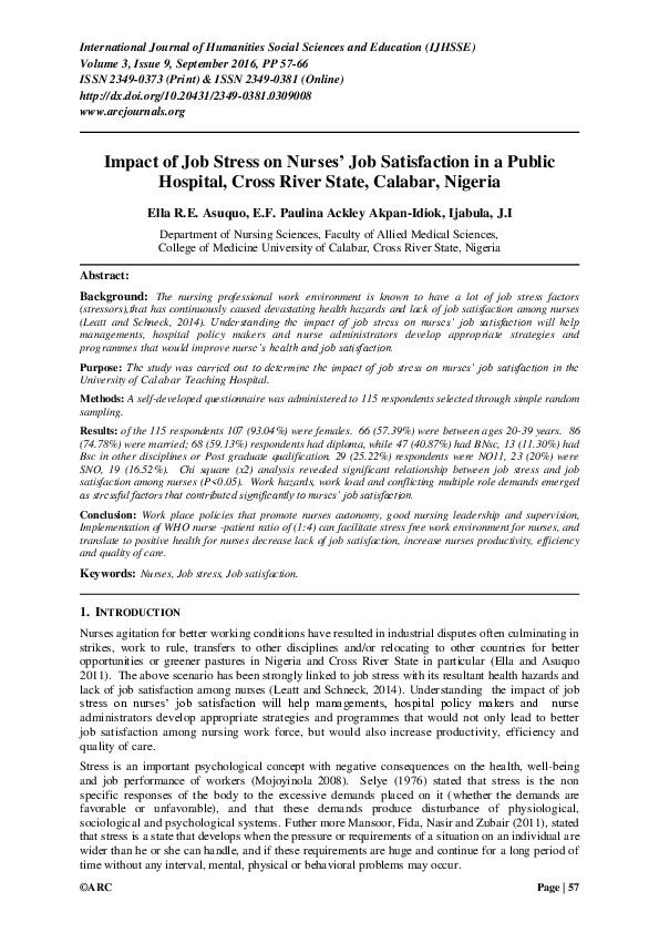 (PDF) Impact of Job Stress on Nurses’ Job Satisfaction in a Public ...