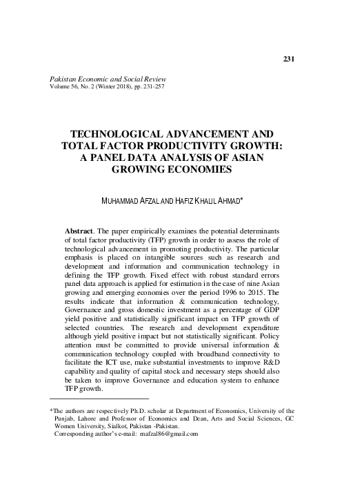 (PDF) Technological Advancement and Total Factor Productivity Growth: A ...