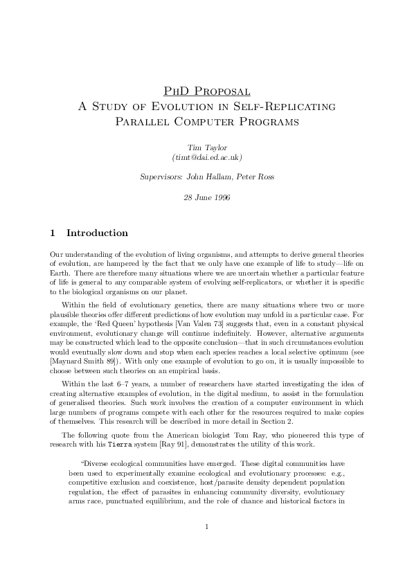 (PDF) PhD Proposal A Study of Evolution in Self-Replicating Parallel ...