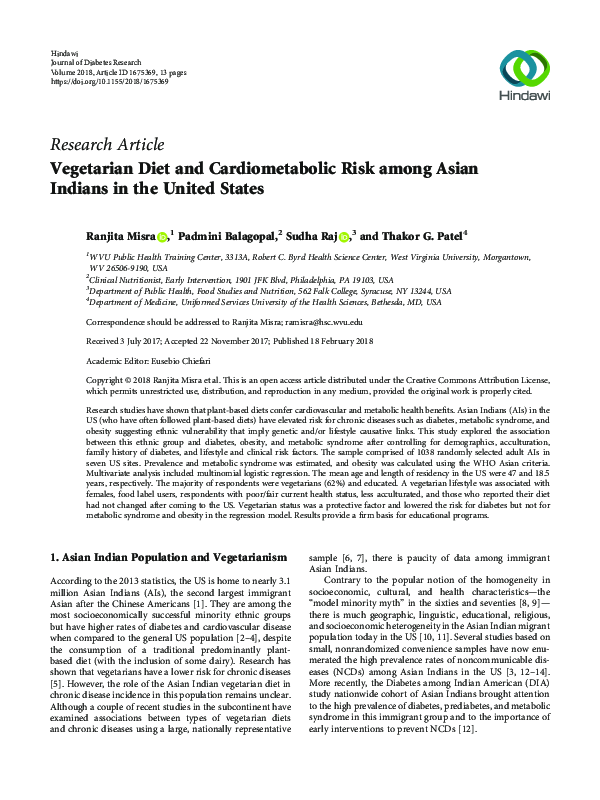 (PDF) Vegetarian Diet and Cardiometabolic Risk among Asian Indians in ...