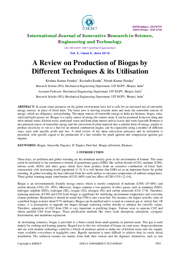 (PDF) A Review on Production of Biogas by Different Techniques & its ...