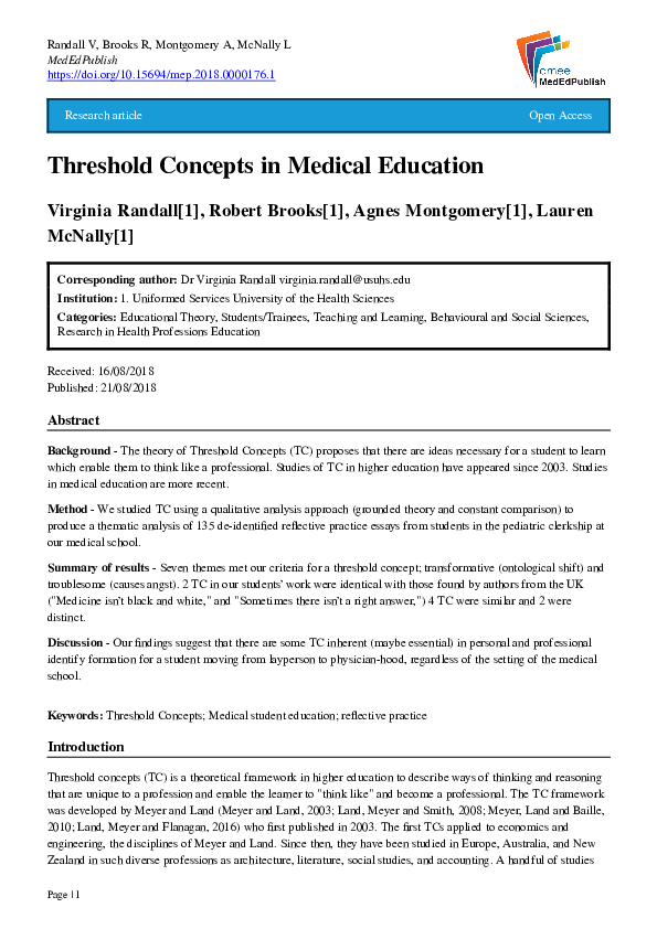 (PDF) Threshold Concepts in Medical Education Virginia Randall