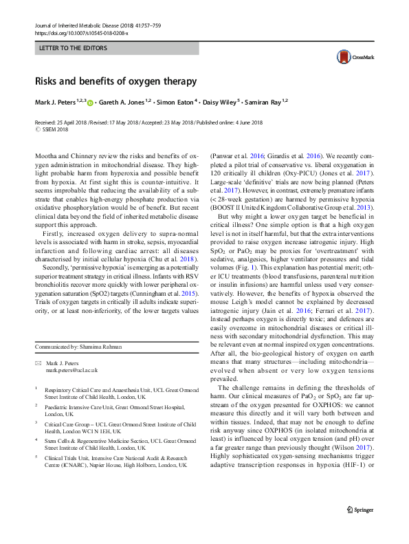 (PDF) Risks and benefits of oxygen therapy Mark Peters Academia.edu