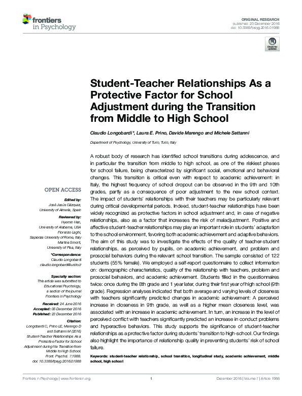 (PDF) Student-Teacher Relationships As a Protective Factor for School ...