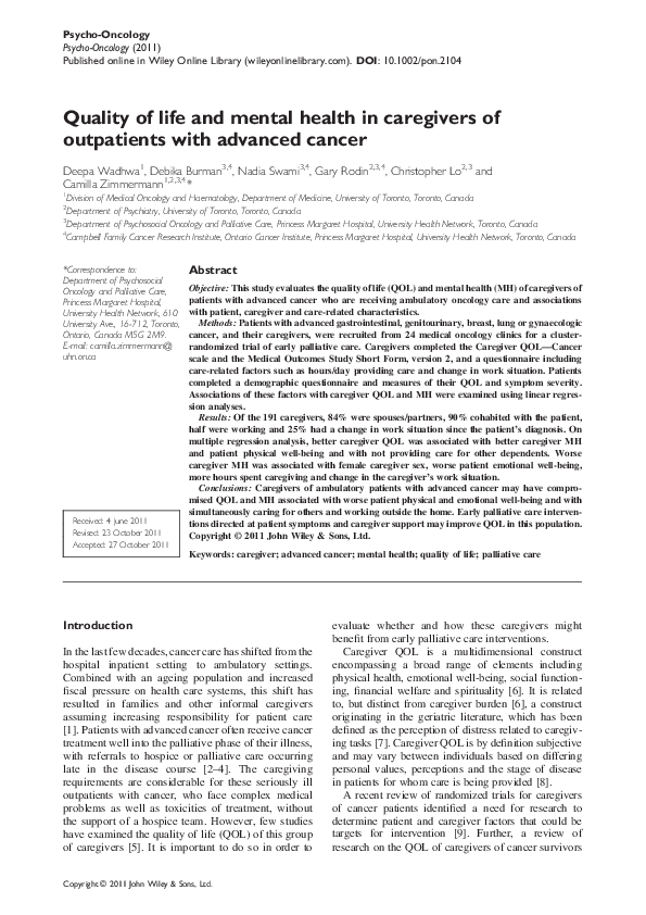(PDF) Quality of life and mental health in caregivers of outpatients ...
