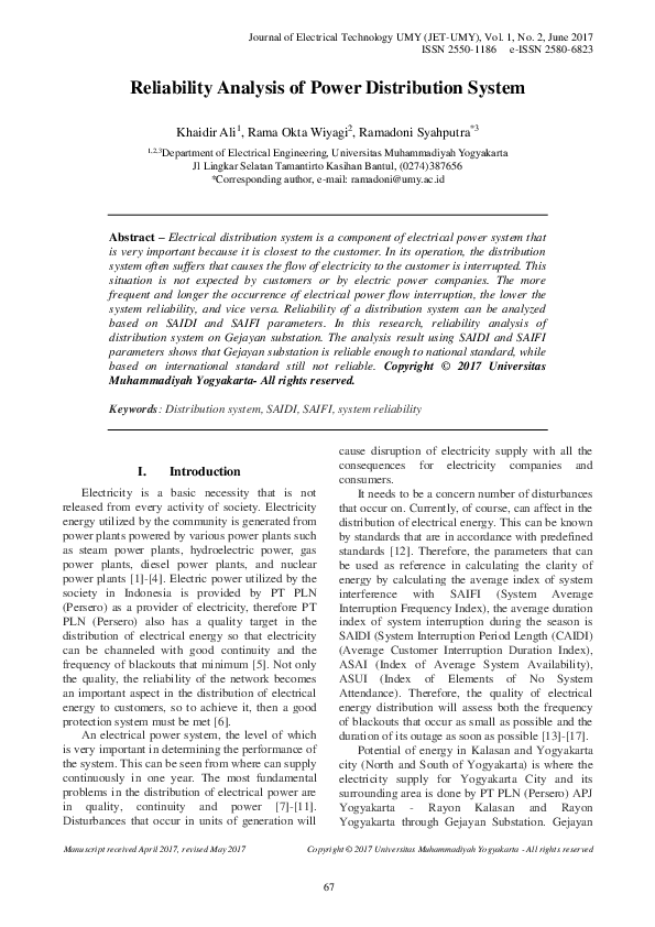 (PDF) Reliability Analysis of Power Distribution System Kehinde
