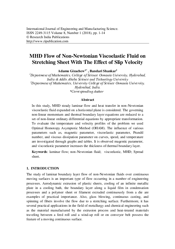 (PDF) MHD Flow of Non-Newtonian Viscoelastic Fluid on Stretching Sheet ...