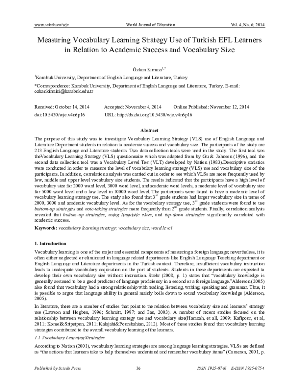 (PDF) Measuring Vocabulary Learning Strategy Use of Turkish EFL ...