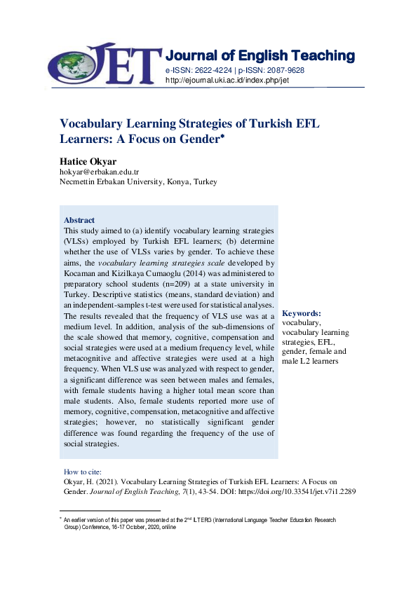 (PDF) Vocabulary Learning Strategies of Turkish EFL Students at
