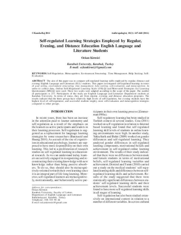 (PDF) Self-regulated Learning Strategies Employed by Regular, Evening ...