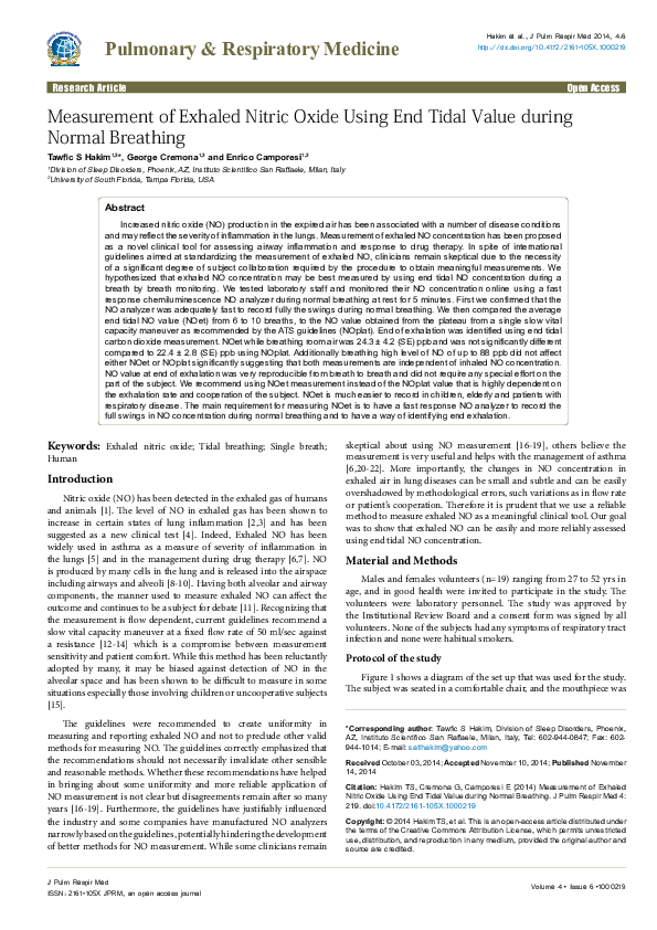 (PDF) Measurement of Exhaled Nitric Oxide Using End Tidal Value during ...