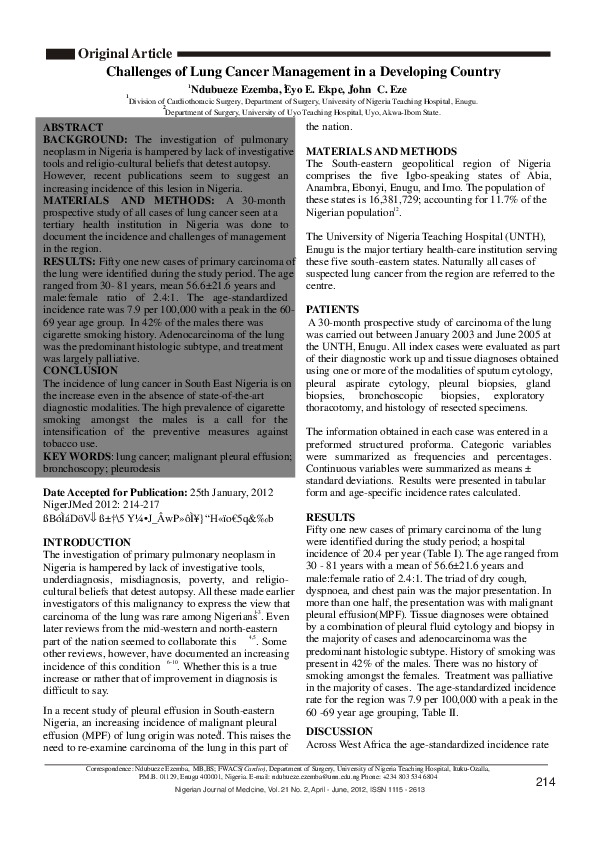 (PDF) Challenges of lung cancer management in a developing country
