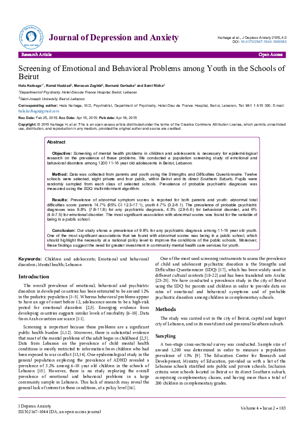 (PDF) Screening of Emotional and Behavioral Problems among Youth in the ...