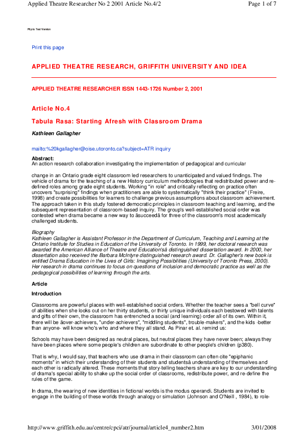 (PDF) Tabula Rasa Starting Afresh with Classroom Drama Kathleen