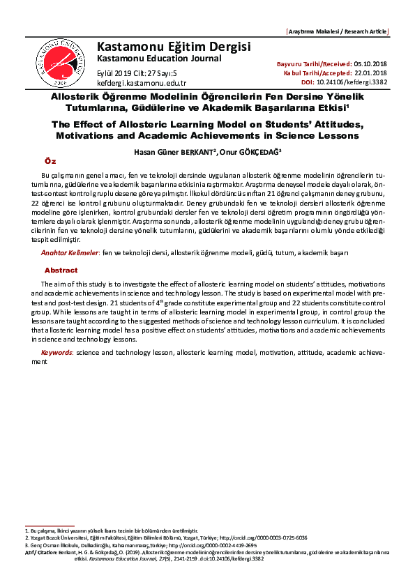 (PDF) Allosterik Öğrenme Modelinin Öğrencilerin Fen Dersine Yönelik ...